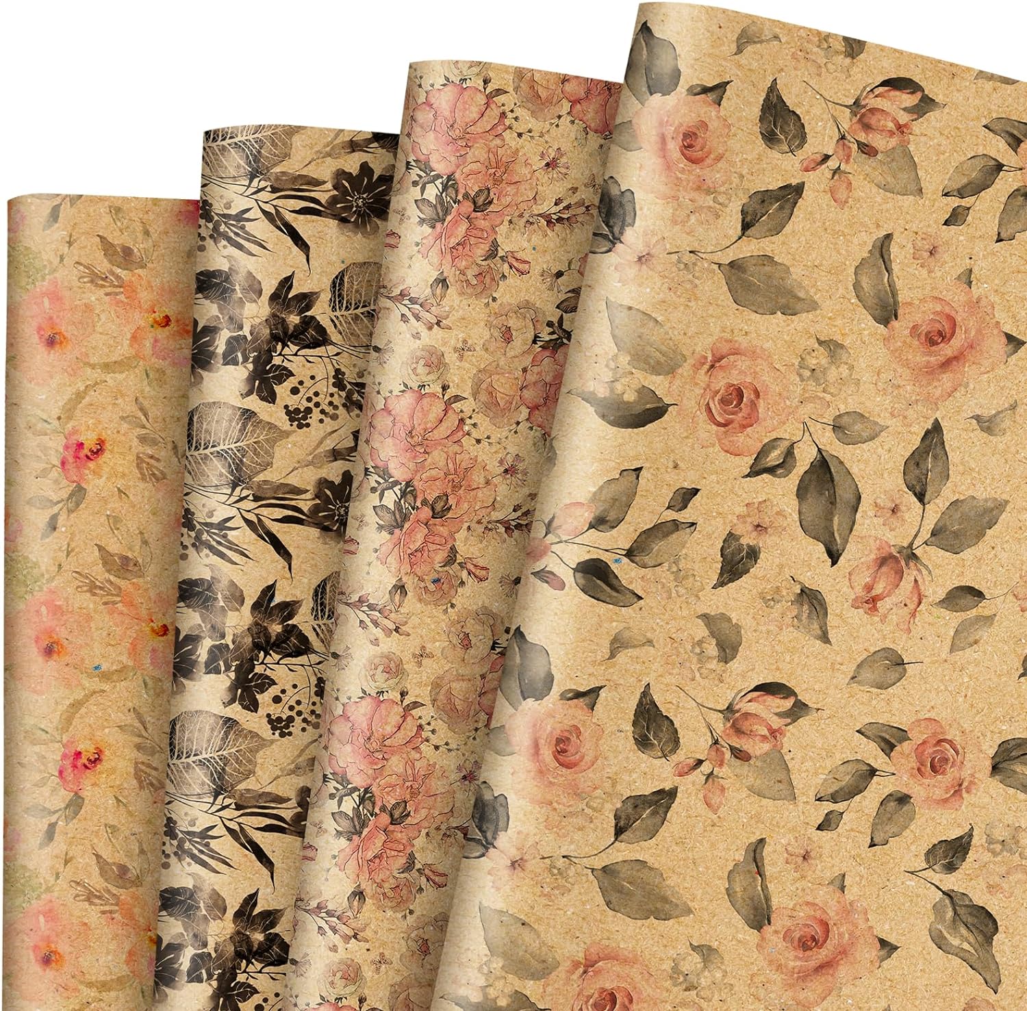 Whaline 12 Sheet Retro Floral Wrapping Paper Vintage Flower Kraft Gift Wrap Paper Bulk Decorative Art Paper for Birthday Baby Shower Wedding DIY Crafts Gift Packing, 19.7 x 27.6 Inch, Folded Flat