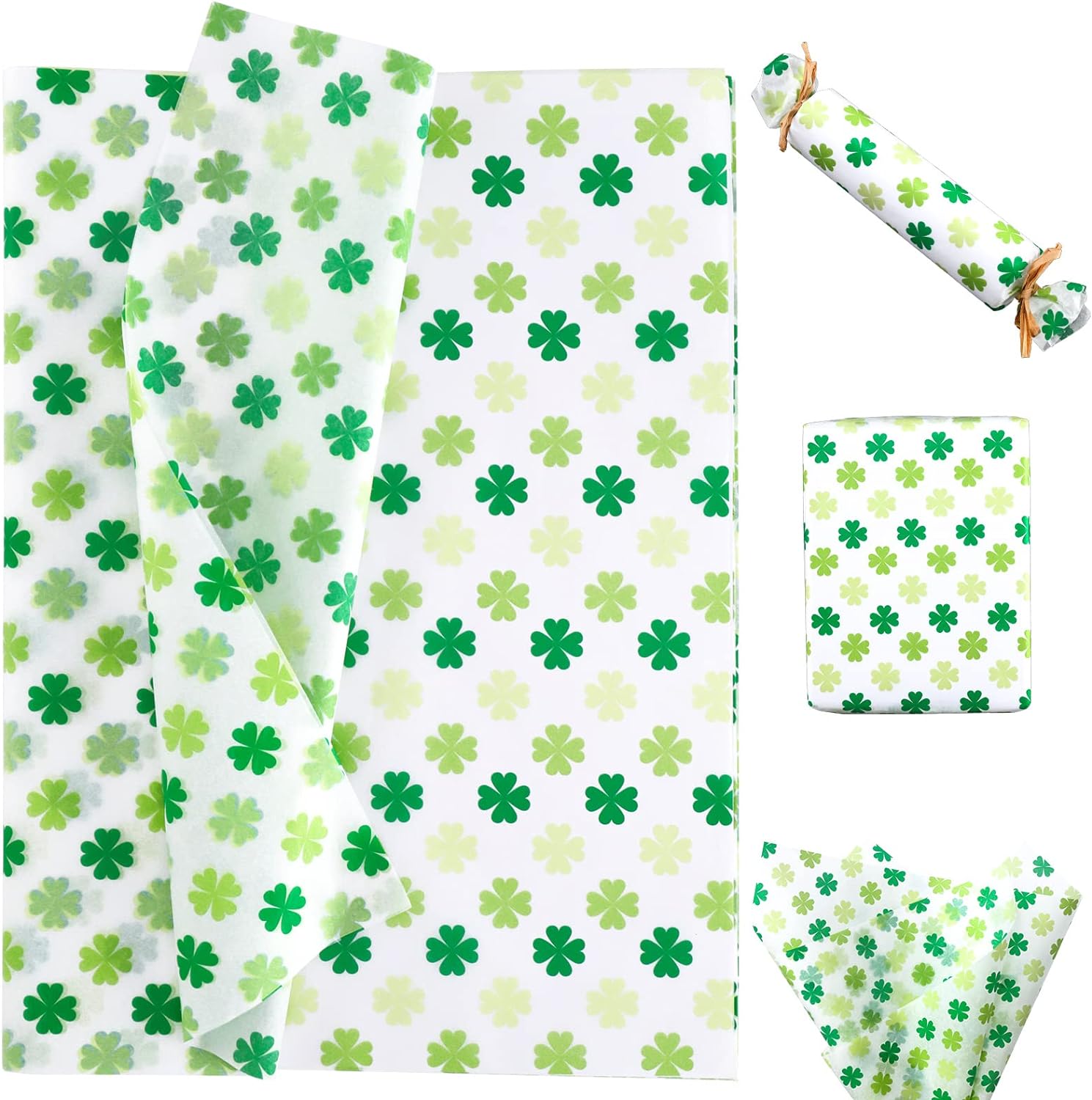 Whaline 100 Sheets St Patrick' Day Tissue Paper Clover Green White Gift Wrapping Paper Shamrock Pattern Decorative Art Paper for DIY Craft Birthday Holiday Decoration, 14 x 20 Inch