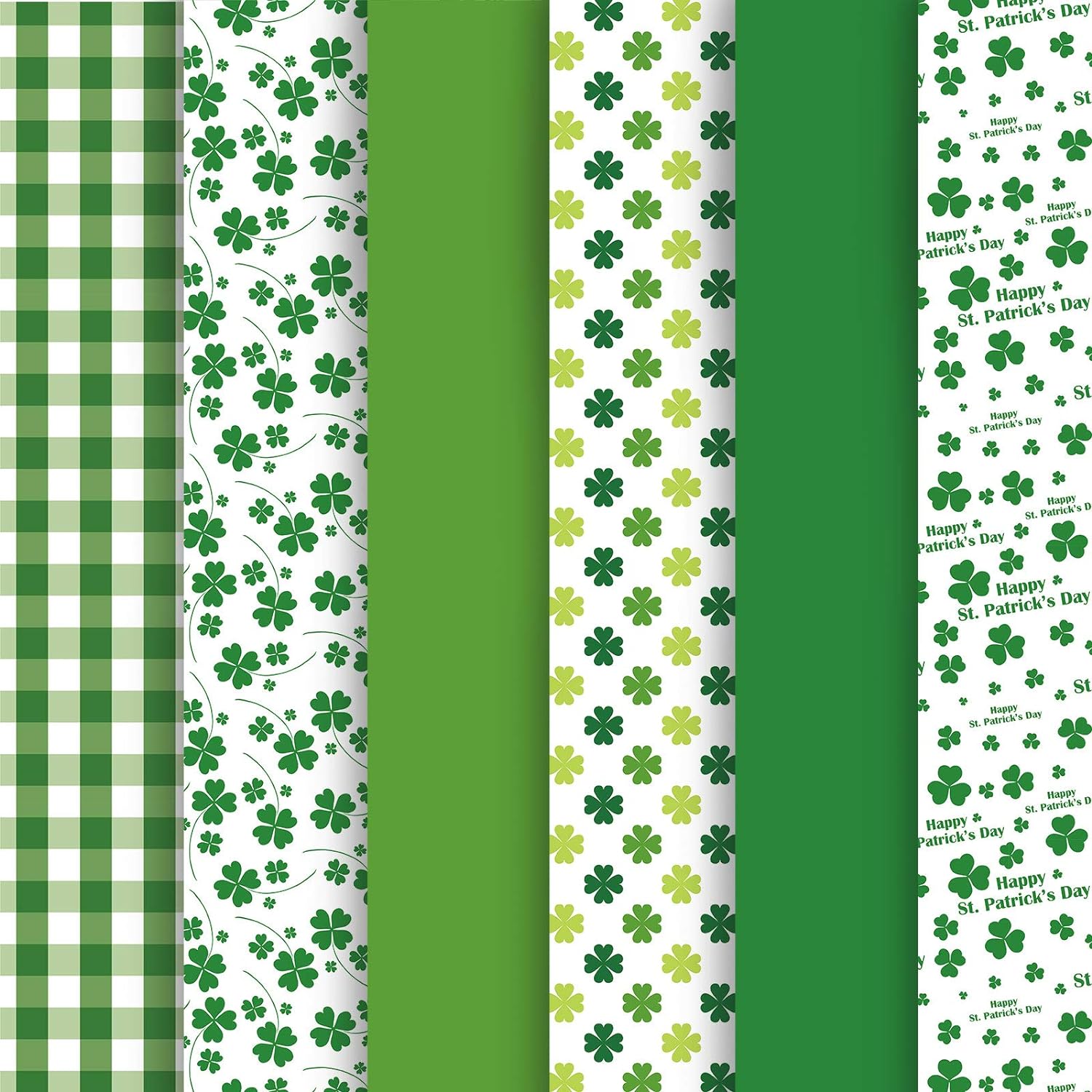 Whaline St. Patrick' Day Tissue Paper 90 Sheet Green Plaid Shamrock Clover Pattern Art Tissue Bulk Irish Spring Holiday Wrapping Paper for DIY Crafts Party Gift Bag Packing Birthday Favors, 14 x 20