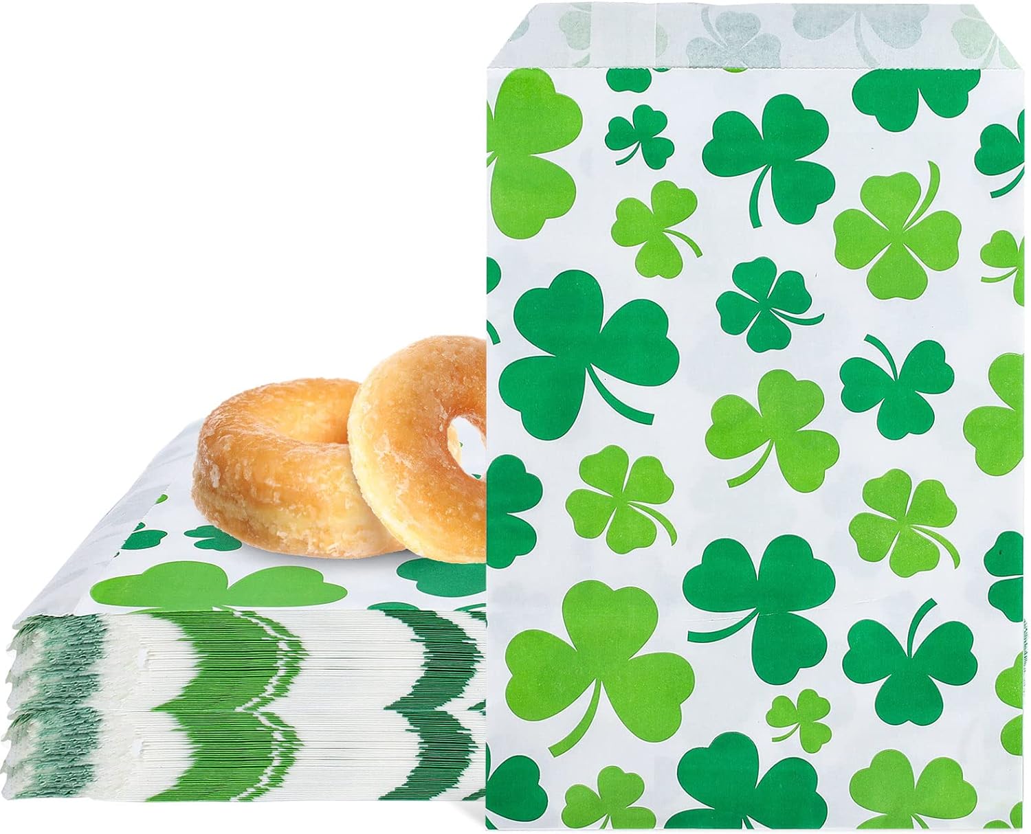 Whaline 100 Pack St. Patrick' Day Treat Bags Green Shamrock Gift Paper Bags Clover Prints Candy Treat Bags Rustic Irish Party Goodies Snack Cookie Buffet Bags for Holiday Party Favor Supplies