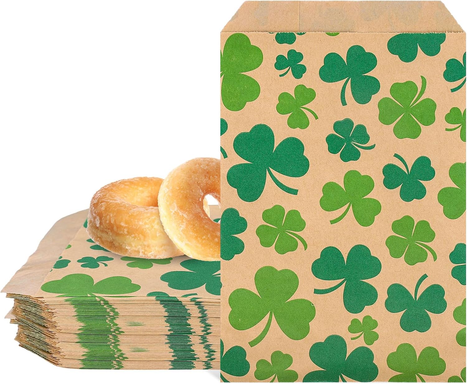 Whaline 100 Pack St. Patrick' Day Treat Bags Green Shamrock Kraft Paper Gift Bags Clover Prints Candy Bags Rustic Goodie Snack Cookie Buffet Bags for Irish Holiday Party Favor Supplies