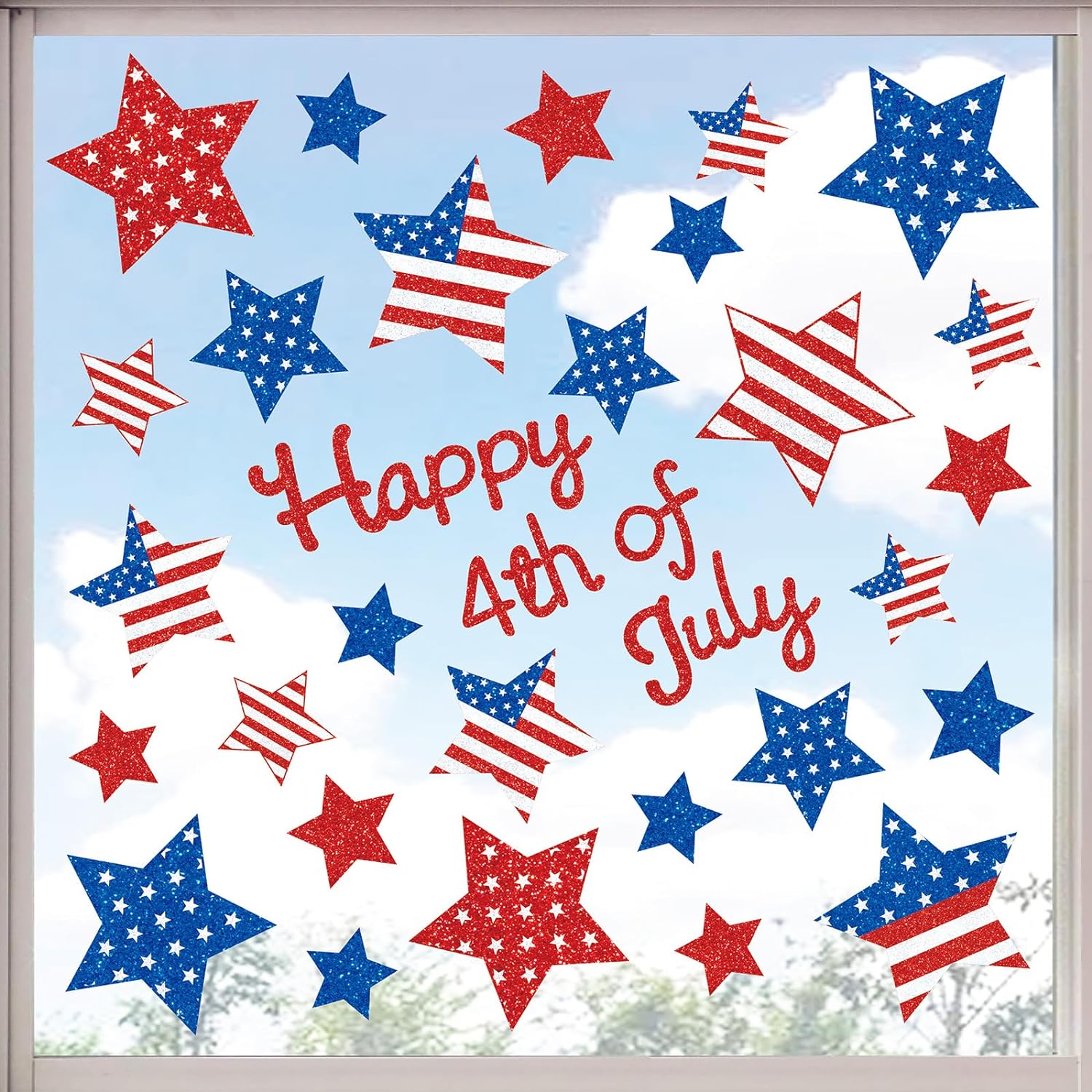 Whaline 4 Sheet Happy 4th of July Window Clings Patriotic American Flag Print Glitter Star Window Decals Double-Sided Red Blue Star Window Decor for Independence Day Home School