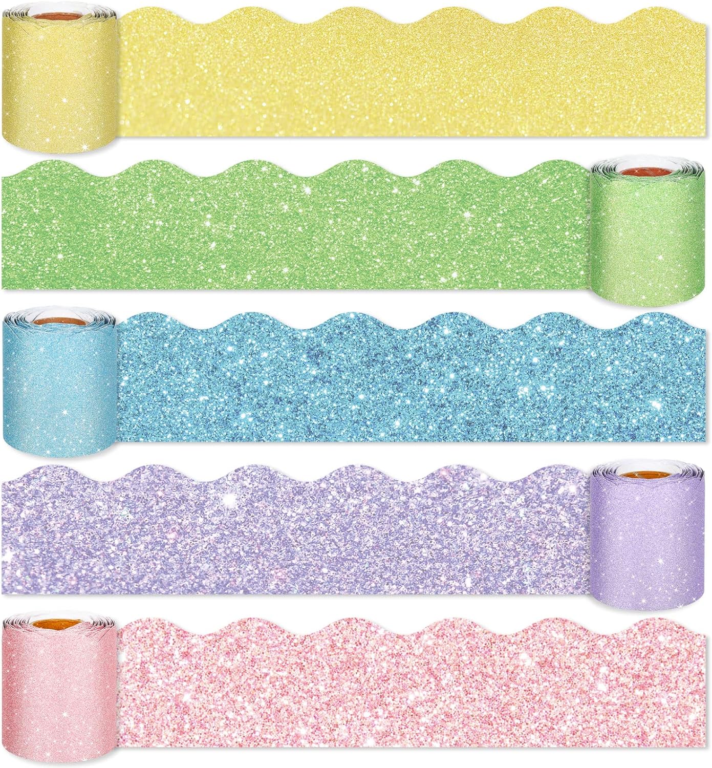 Whaline 164ft Spring Easter Bulletin Board Borders Glitter Candy Colors Die-Cut Bulletin Board Strips Colorful Rolled Bulletin Board Trim for School Classroom Office Chalkboard Decoration, 5 Rolls