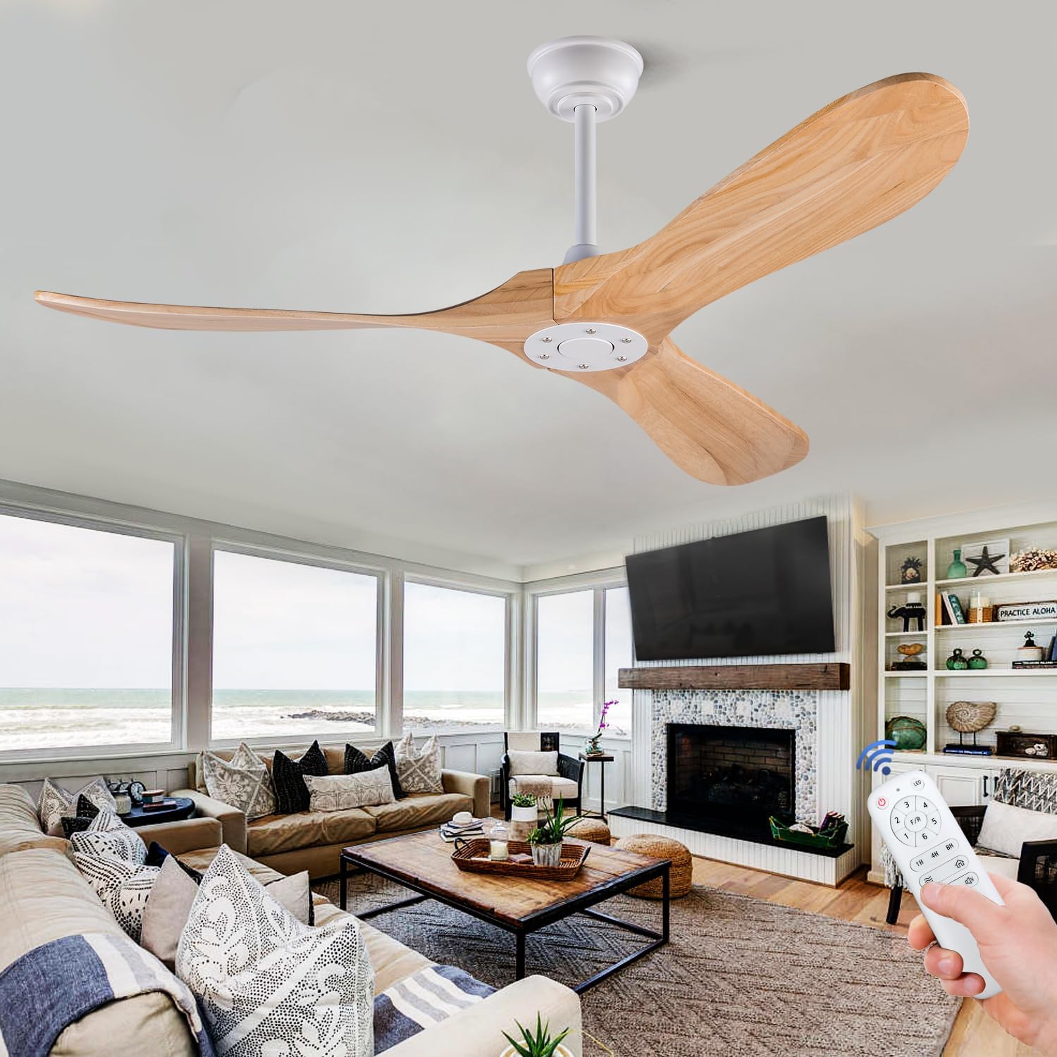BOJUE 52 Wood Ceiling Fan Without Light Remote Control, Low Profile Ceiling Fan Indoor Outdoor with 3 blade for Patio Living Room, Bedroom, Office, Summer House, Etc (Raw Wood Blades)