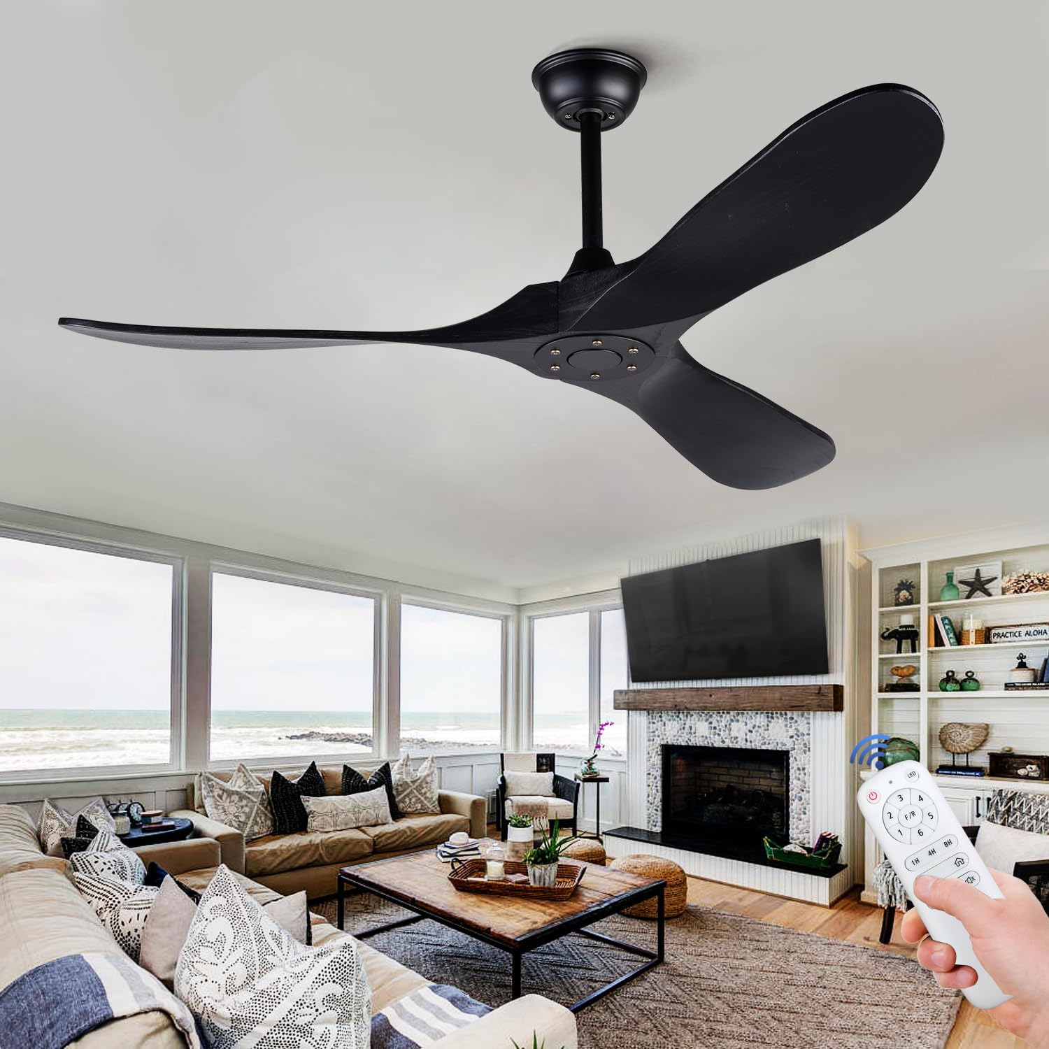 BOJUE 52 Wood Ceiling Fan Without Light Remote Control, Low Profile Ceiling Fan Indoor Outdoor with 3 blade for Patio Living Room, Bedroom, Office, Summer House, Etc (Black Blades)