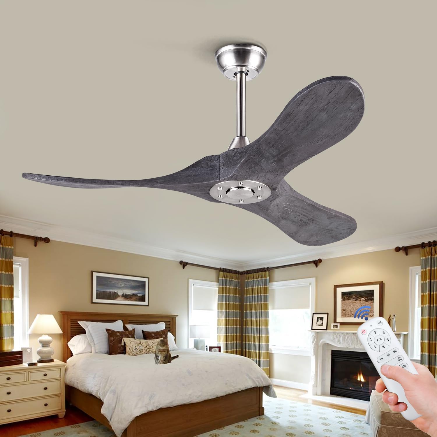 BOJUE 42 Wood Ceiling Fan Without Light Remote Control, Low Profile Ceiling Fan Indoor Outdoor with 3 blade for Patio Living Room, Bedroom, Office, Summer House, Etc (Gray Drawing Lines Blades)