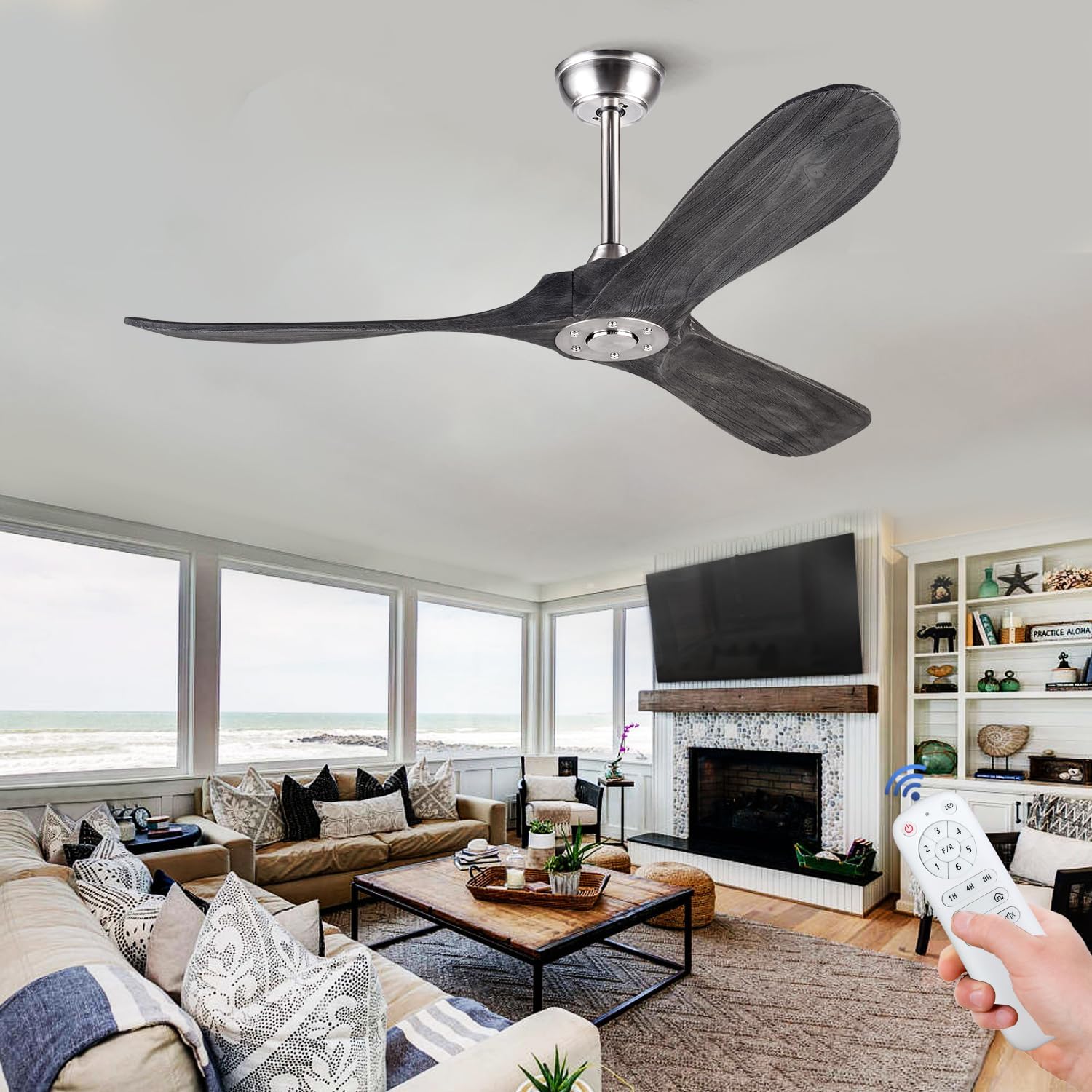 BOJUE 52 Solid Wood Ceiling Fan without Lights Indoor Outdoor Grey Ceiling Fan 3 Wooden Blades Remote Control No Light Modern Ceiling Fan for Porch Living Room Bedroom