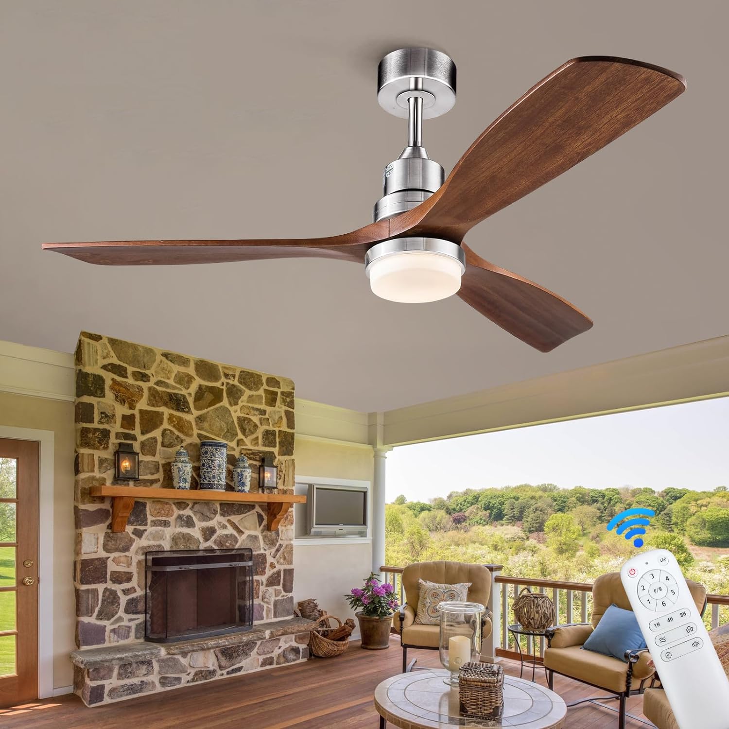 BOJUE 52 wood Ceiling fans with lights,Indoor Outdoor Black Ceiling with 3 Blade Fan and 3 Down-rods Reversible DC Motor for Patio, Living Room,Bedroom,Office,Summer House,Etc