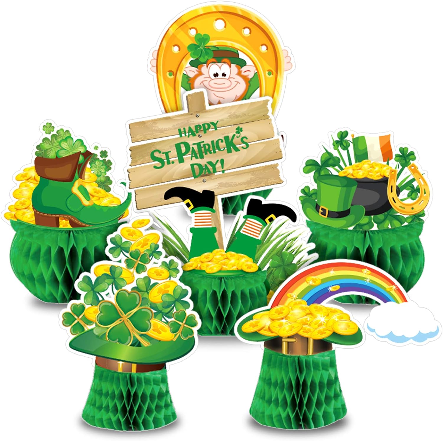 Whaline 6Pcs St.Patrick' Day Honeycomb Table Centerpiece 3D Shamrock Leprechaun Green Lucky Gold Coin Clover Hat Cute Decorative Irish Table Topper for Saint Patrick Party Home Decor