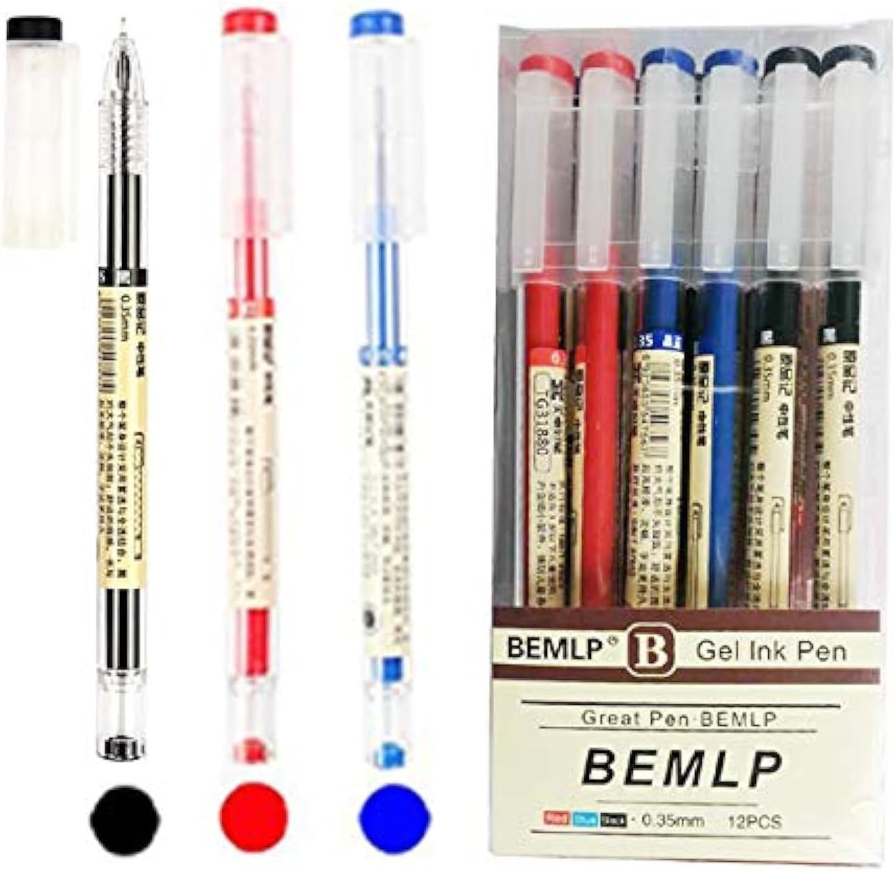 Gel Ink Pen Extra fine point pens Ballpoint pen Liquid Ink Rollerball Pens 0.35mm Premium Quick Drying Pen For japanese Office School Stationery Supply 12 Packs (4 pc Black,4 pc Blue, 4 pc Red)