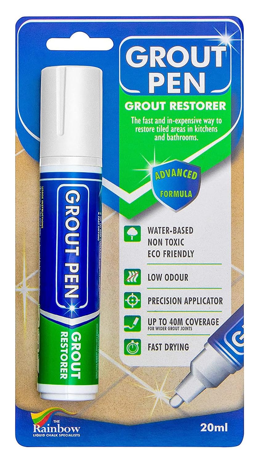 Grout Pen White Tile Paint Marker: Waterproof Grout Paint, Tile Grout Colorant and Sealer Pen - White, Wide 15mm Tip (20mL)