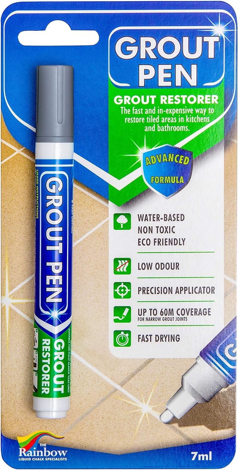 Grout Pen Grey Tile Paint Marker: Waterproof Grout Paint, Tile Grout Colorant and Sealer Pen - Grey, Narrow 5mm Tip (7mL)