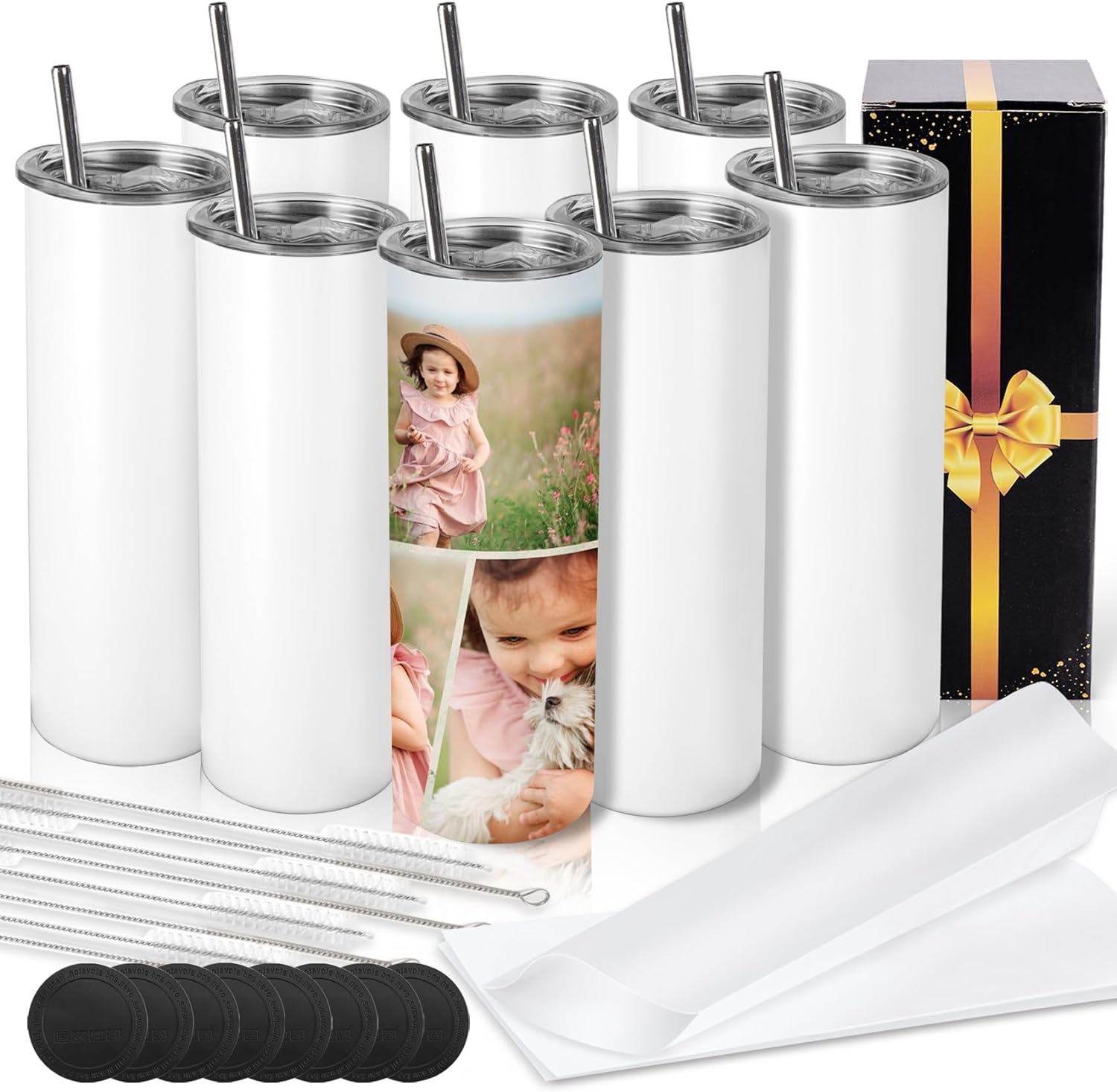 DS 8 Pack Sublimation Tumblers 20 oz Skinny Stainless Steel Insulated Straight Sublimation Tumbler Blank with Straw, Lid, Brush Individual Gift Box and Shrink Wrap