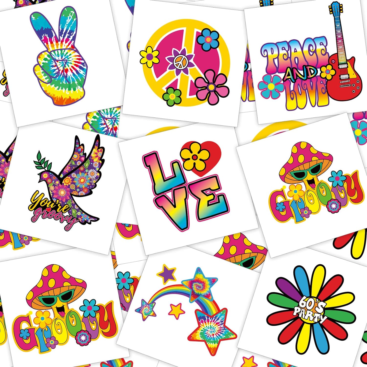 Chinco 144 Pieces Hippie Temporary Tattoo Stickers for Kids 70s 80s 90s Groovy Hippie Tattoos Hippie Face Tattoos Love and Peace Tattoos Multi Temporary Tattoos Decals for Tie Dye Hippie Party Favors