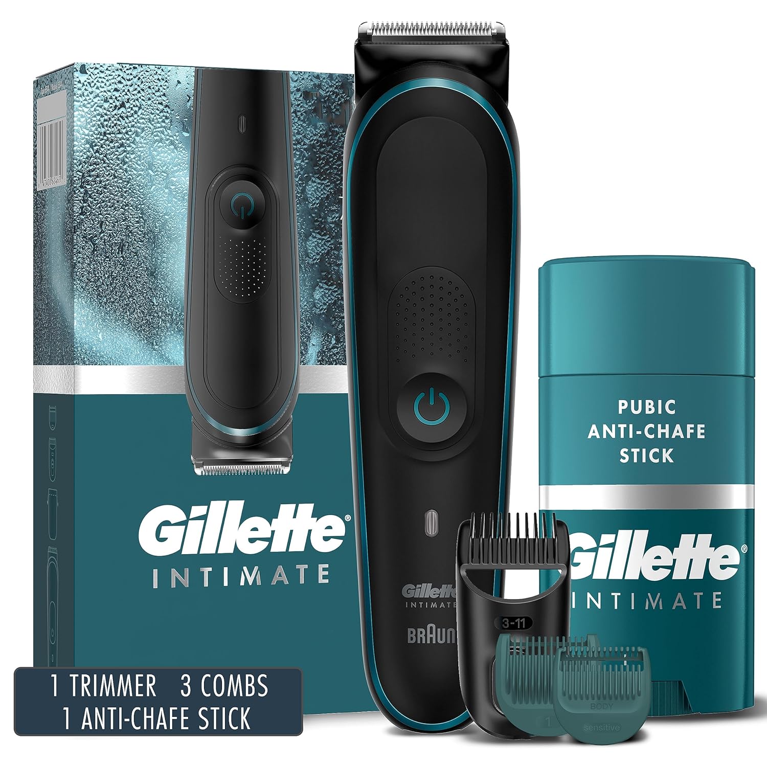 Gillette Intimate Men' Pubic Hair Trimmer, SkinFirst Pubic Hair Trimmer for Men, Waterproof, Cordless for Wet/Dry Use, Shaver for Men, Lifetime Sharp Blades, Includes Anti Chafe Stick, Gift Set