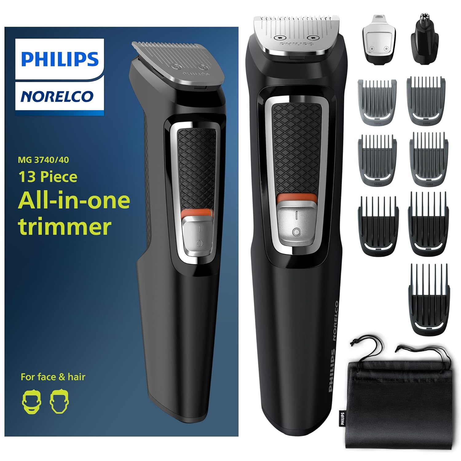 Philips Norelco Multi Groomer All-in-One Trimmer Series 3000-13 Piece Mens Grooming Kit for Beard, Face, Nose, Ear Hair Trimmer and Hair Clipper - NO Blade Oil Needed, MG3740/40