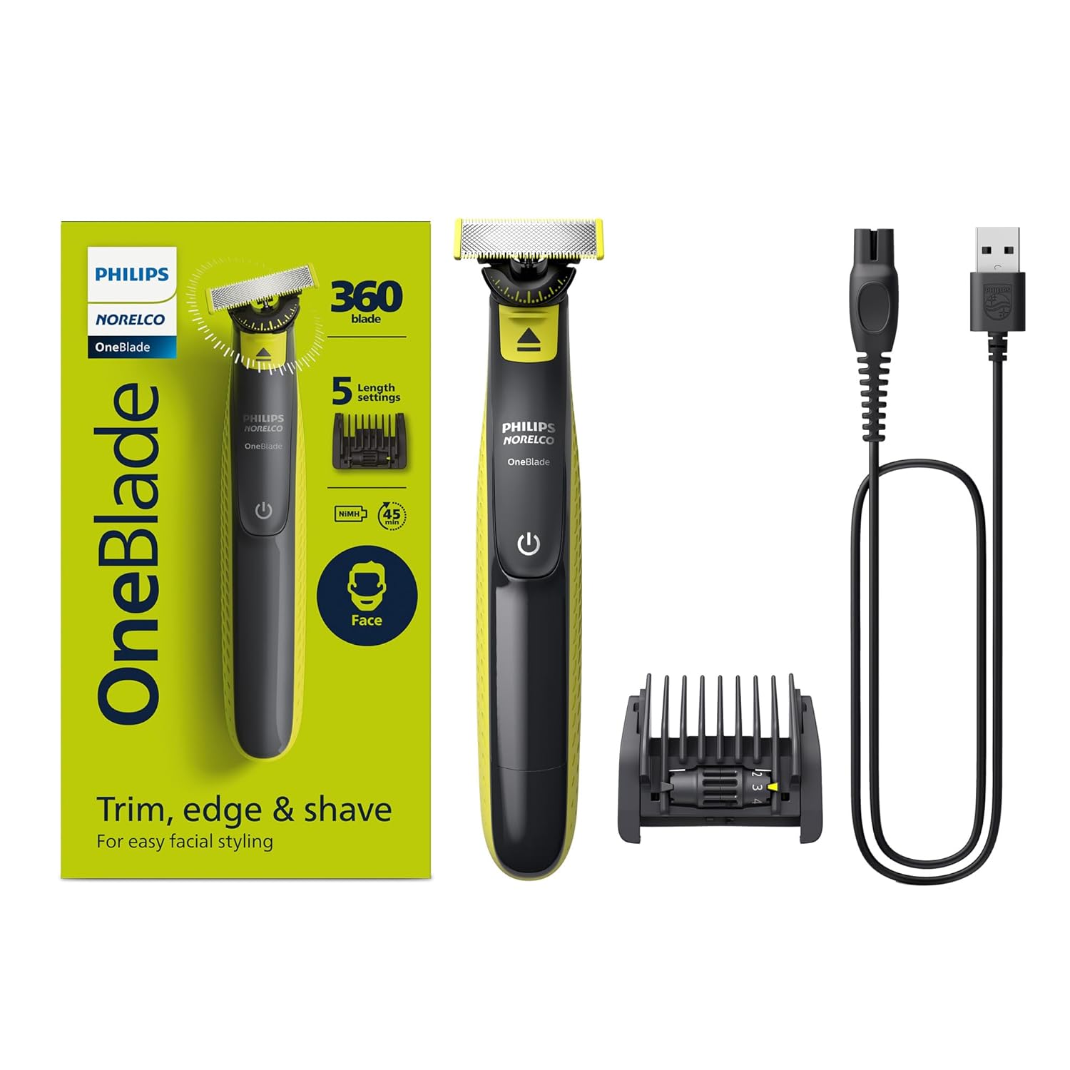 Philips Norelco OneBlade 360 Face, Hybrid Electric Beard Trimmer and Shaver with 5-in-1 Face Stubble Comb, Frustration Free Packaging, QP2724/90