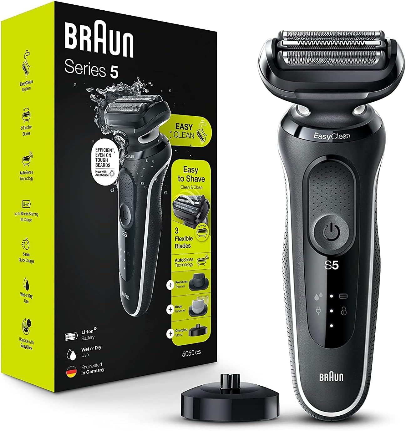 Braun Electric Razor for Men, Waterproof Foil Shaver, Series 5 5050cs, Wet & Dry Shave, With Beard Trimmer and Body Groomer, Rechargeable, Charging Stand Included, Blue