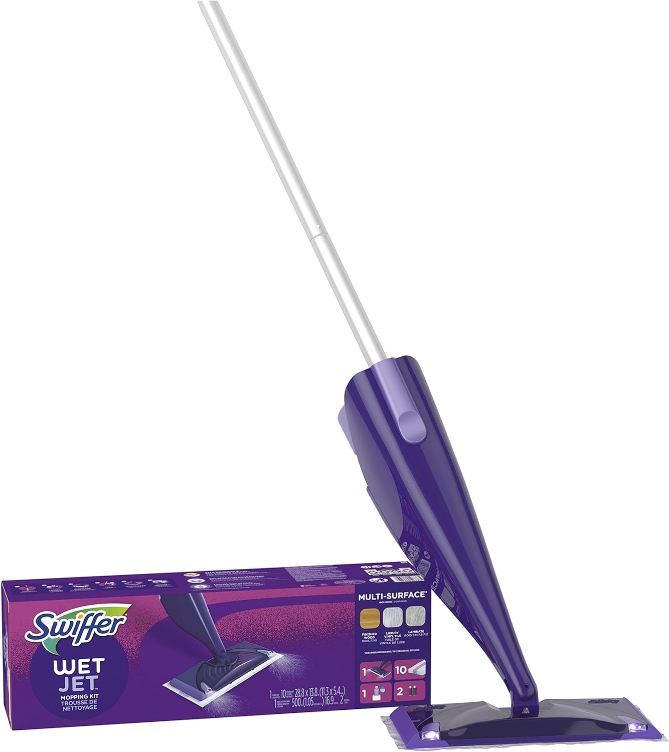 Swiffer WetJet Hardwood and Floor Spray Mop Cleaner Starter Kit, Includes: 1 Power Mop, 10 Pads, Cleaning Solution, Batteries, 16 Piece Set, Purple