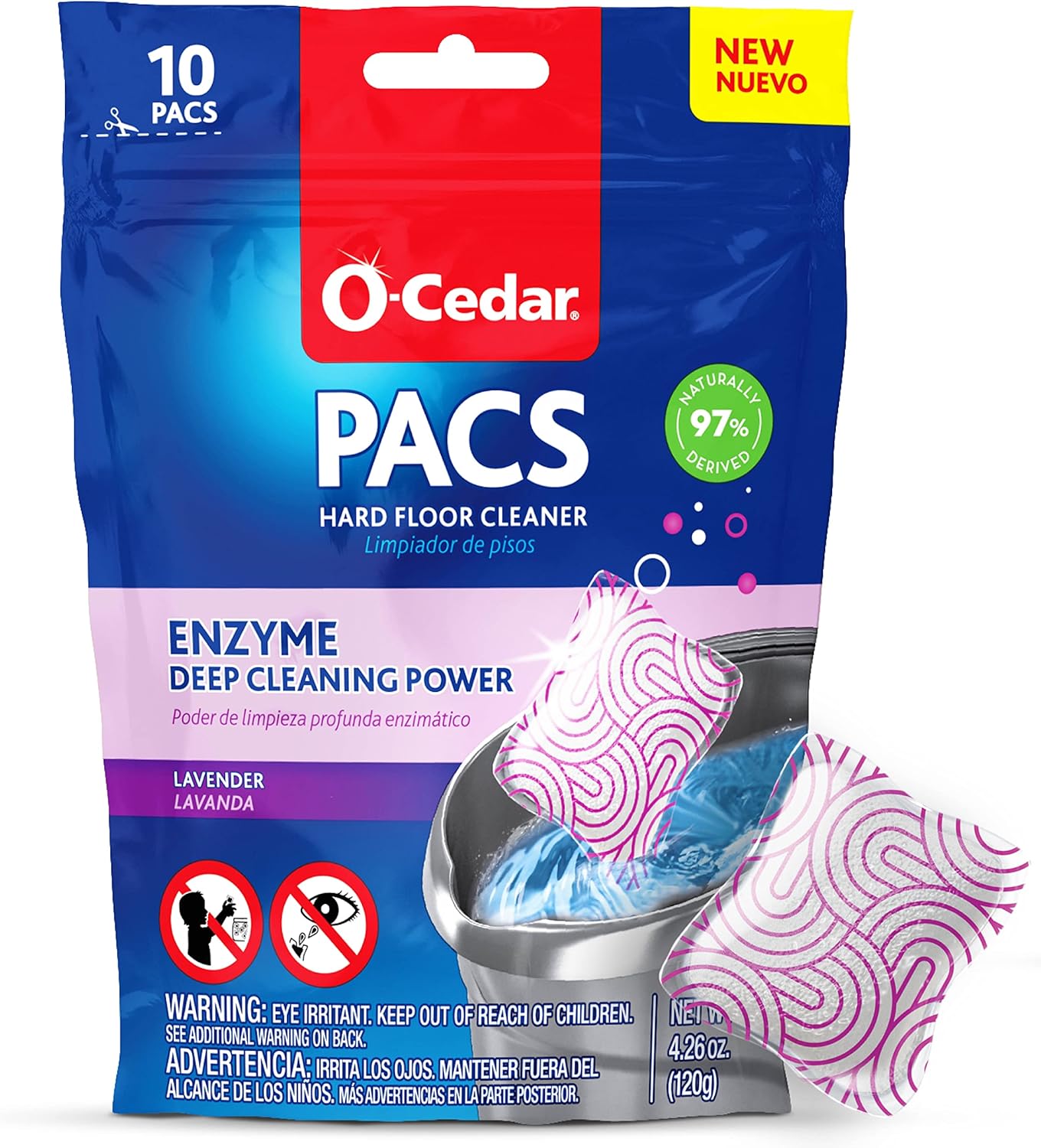 O-Cedar PACS Hard Floor Cleaner, Lavender Scent 10 Count (1-Pack) | Made with Naturally-Derived Ingredients | Safe to Use on All Hard Floors | Perfect for Mop Buckets