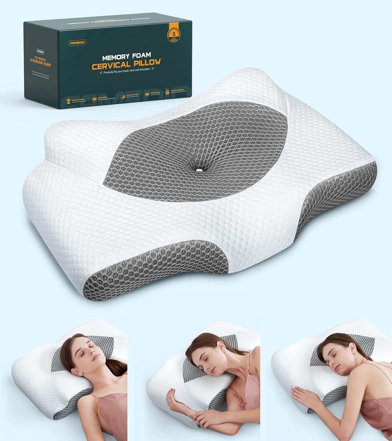 Adjustable Neck Pillows for Pain Relief Sleeping, Hollow Design Cervical Memory Foam Pillows, Odorless Orthopedic Bed with Cooling Case, Contour Pillow Side Back Stomach Sleeper