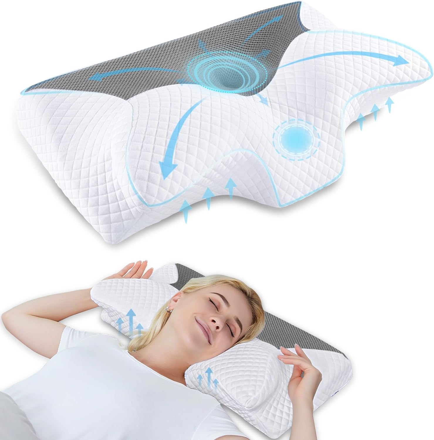 HOMCA Memory Foam Cervical Pillow for Neck Pain Relief - Orthopedic Contour Pillow for Side, Back and Stomach Sleepers