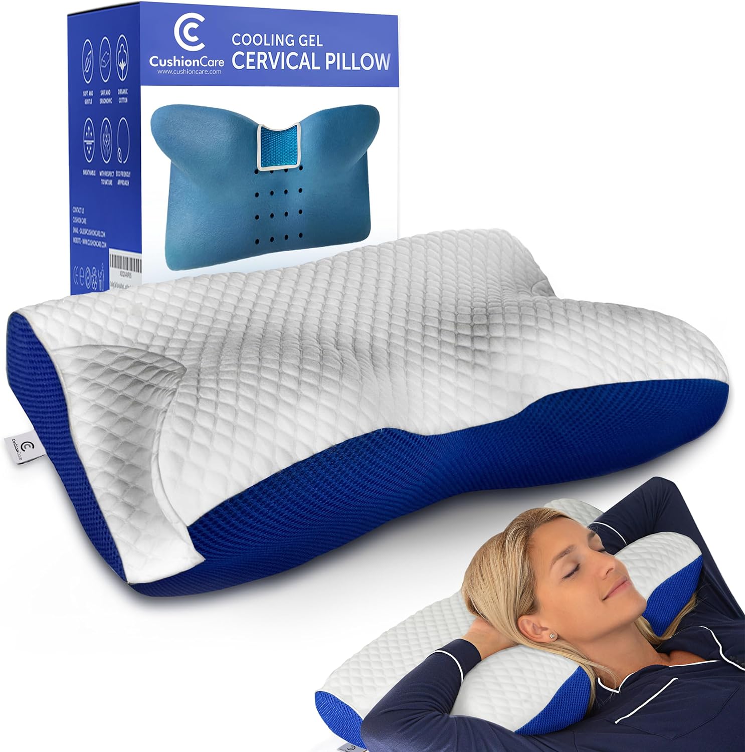 Cooling Gel Cervical Neck Pillow for Pain Relief Sleeping  Ventilated Blue Memory Foam - Orthopedic Contour Pillow for Side, Back, Stomach Sleeper - Ergonomic Neck and Shoulder Support Pillows