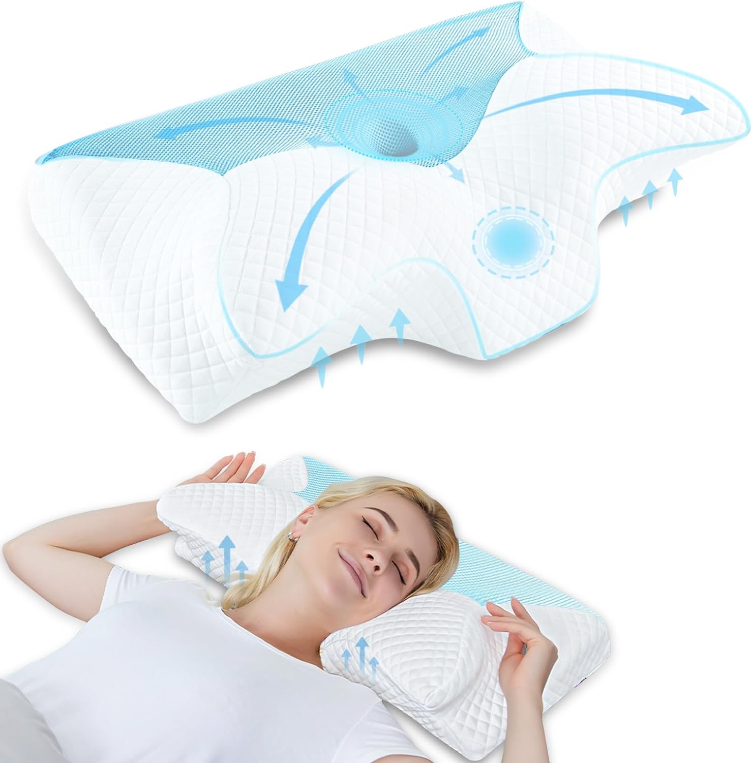 HOMCA Memory Foam Cervical Pillow for Neck Pain Relief - Orthopedic Contour Bed Pillow for Side, Back, Stomach Sleepers