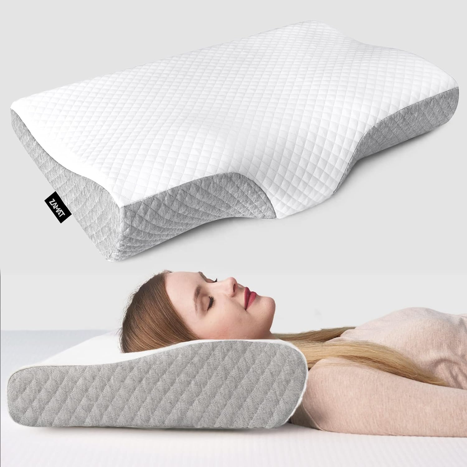 ZAMAT Contour Memory Foam Pillow for Neck Pain Relief, Adjustable Ergonomic Cervical Pillow for Sleeping, Orthopedic Neck Pillow with Washable Cover, Bed Pillows for Side, Back, Stomach Sleepers