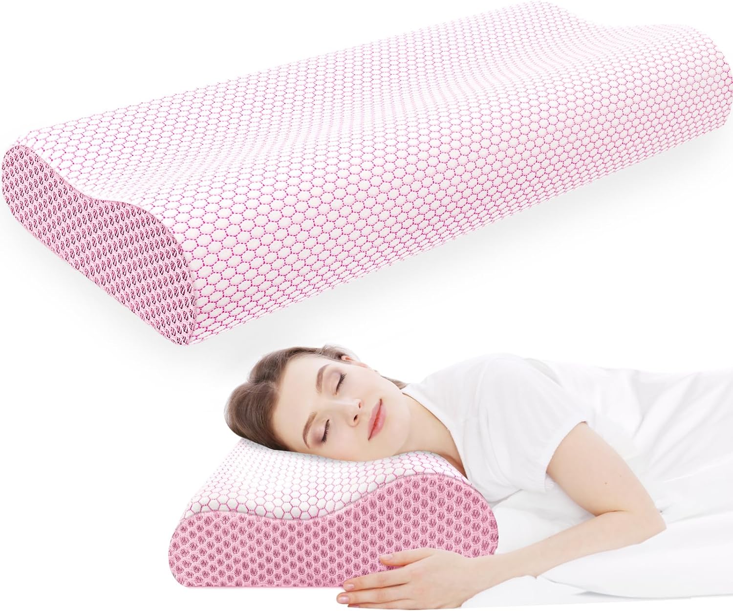 Memory Foam Pillow, Ergonomic Neck Contour Cervical Pillow for Neck and Shoulder Pain, Orthopedic Pillow for Neck Pain Relief, for Sleeping Side, Back, Stomach Sleepers - Pink, King