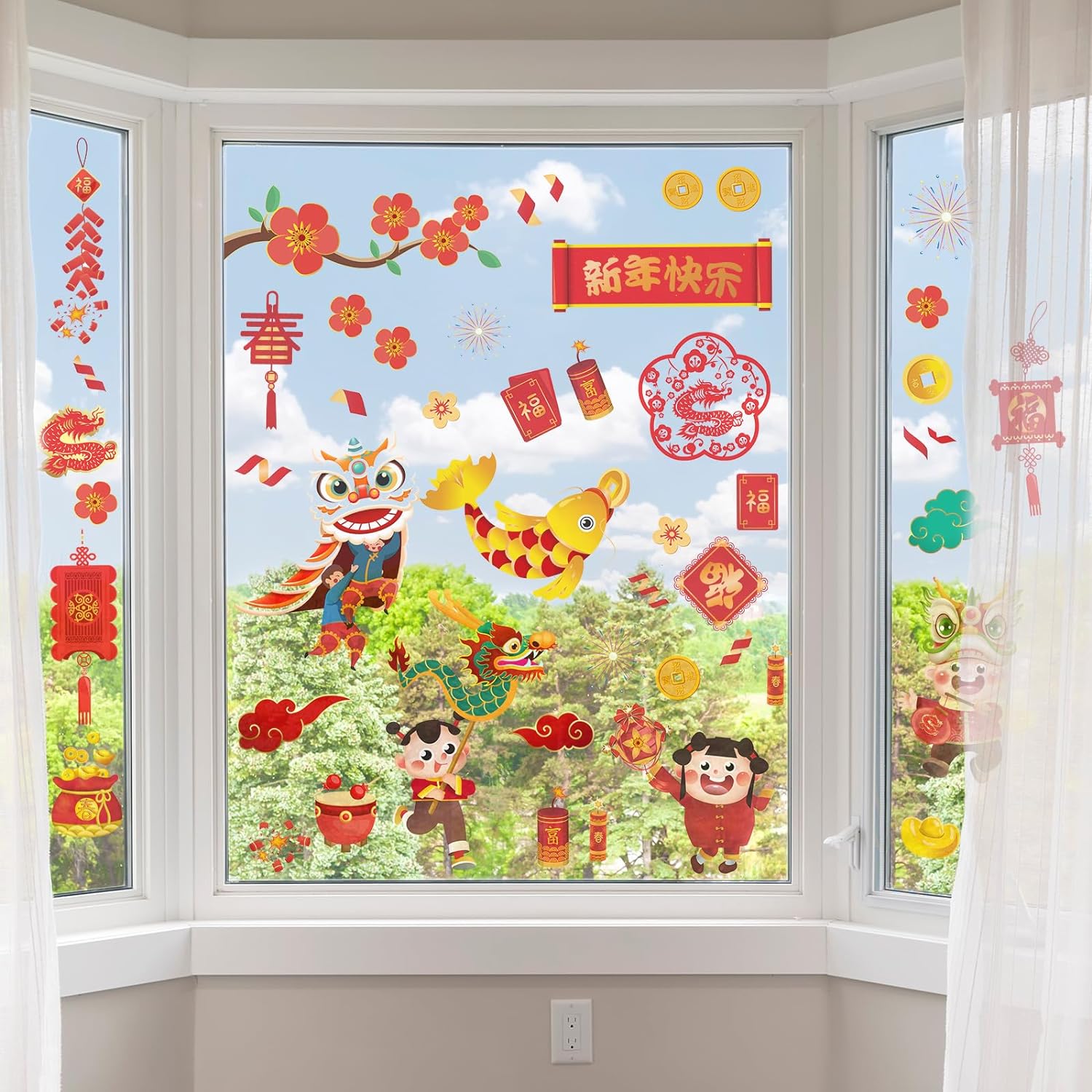 Chinco 9 Sheets Chinese New Year Window Clings Removable Lunar New Year Stickers New Year Ornaments Red Paper-Cut Flowers Lantern Clings Chinese Fu Character Wall Decals for Spring Festival