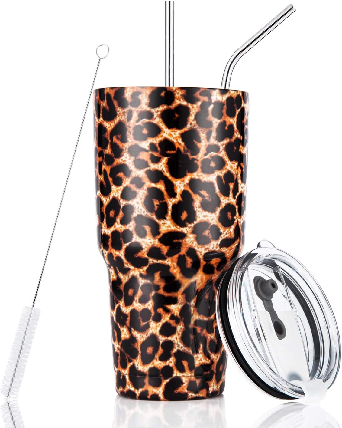 30oz Leopard Tumbler Stainless Steel Insulated Travel Mug with Straw Lid Cleaning Brush (30 oz Leopard), 1 Count (Pack of 1)