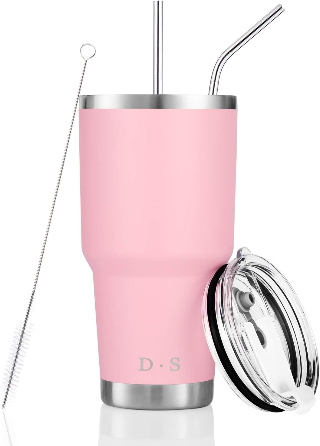 DS 30oz Pink Tumbler Stainless Steel Double Wall Vacuum Insulated Mug with Straw and Lid, Cleaning Brush for Cold and Hot Beverages (30oz Pink)