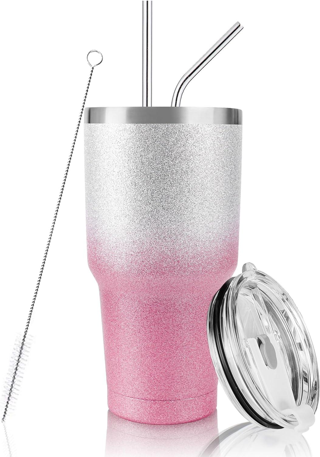 30 oz Tumbler Pink Glitter Gradient Cup Stainless Steel Double Wall Vacuum Insulated Mug with Straw and Lid, Cleaning Brush for Cold and Hot Beverages