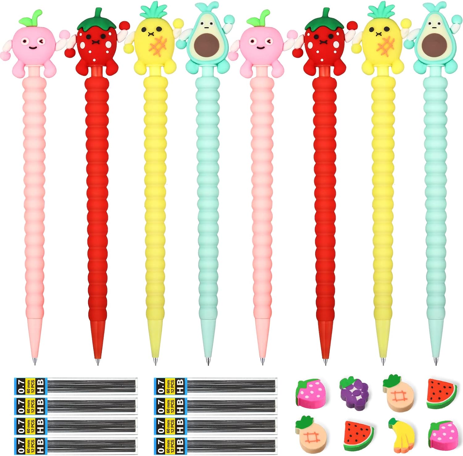 Chinco 24 Pieces Mechanical Pencil Cute Mechanical Pencils with Fruit Erasers and Pencil Refills Pastel Mechanical Pencils Colorful Pencil with Fun Toppers for Girls Kids Students School (0.7 mm)