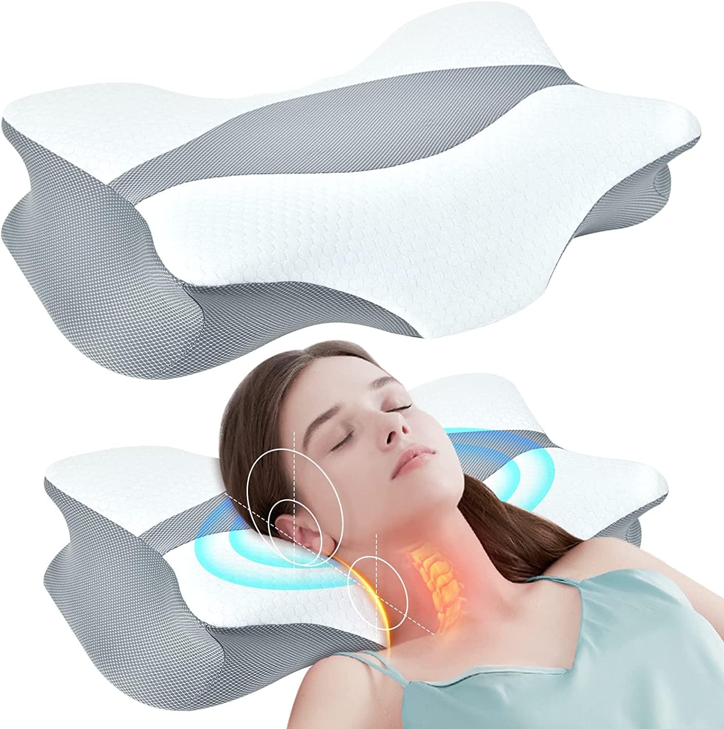 Memory Foam Cervical Contour Pillow for Neck Pain Relief - Queen Size - Washable Cooling Nylon Cover