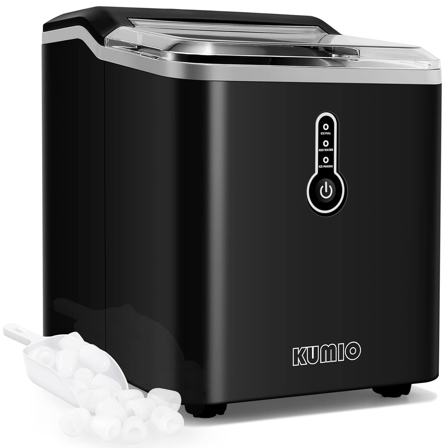 KUMIO Ice Makers Countertop, 9 Thick Bullet Ice Ready in 6-9 Mins, 26.5 Lbs in 24Hrs, Portable Ice Maker with Ice Scoop and Basket, Compact Design for Home Kitchen Office Bar Party, Black