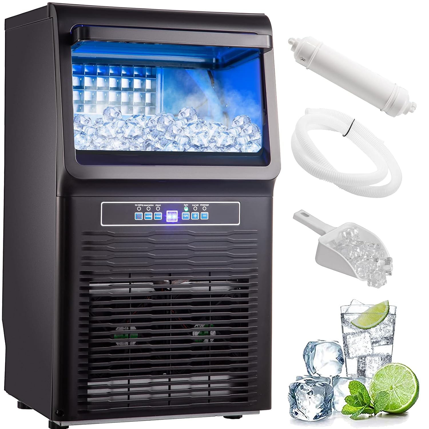 110V Countertop Ice Maker 70LB/24H, 350W Automatic Portable Ice Machine with 11LB Storage, 36Pcs per Tray, Auto Operation, Blue Light, Include Water Filter, Drain Pipe, Scoop