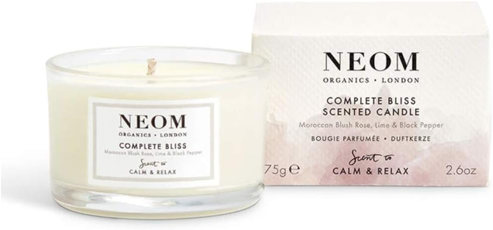 NEOM- Complete Bliss Scented Candle, Travel Size | Blush Rose, Lime & Black Pepper | Essential Oil Aromatherapy Candle | Scent to De-Stress