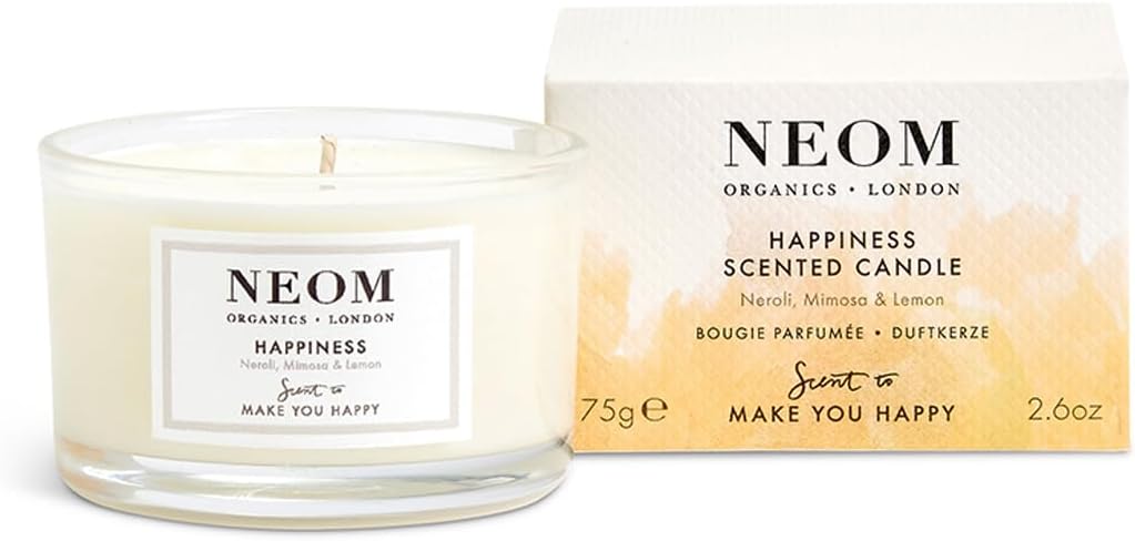 NEOM- Happiness Scented Candle, Travel Size | Essential Oil Aromatherapy Candle | Neroli, Mimosa & Lemon | Scent to Make You Happy