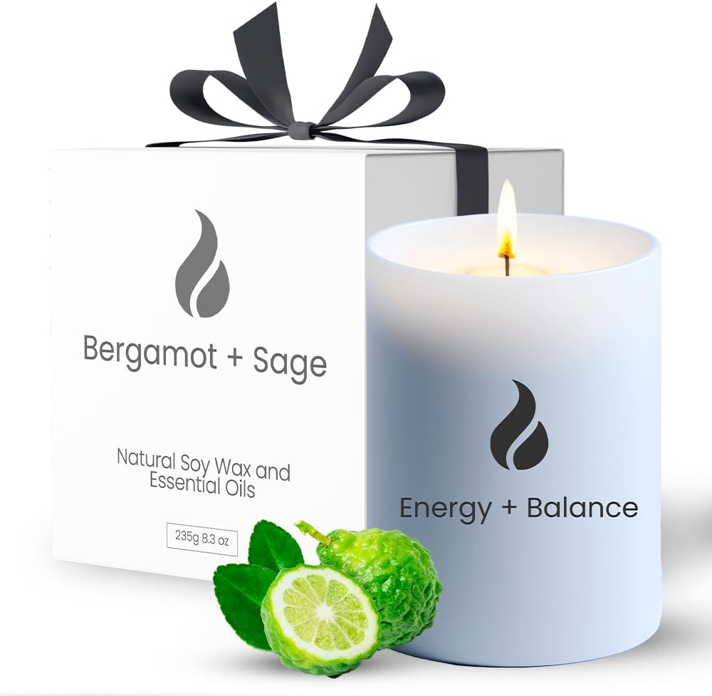 Candle for Home, Sage & Bergamot Candles, Energy & Balance Non-Toxic Candle, 50 H Long Lasting, Aromatherapy Natural Soy Candle, Cleansing Luxury Candle, Gift Box, 8.3oz