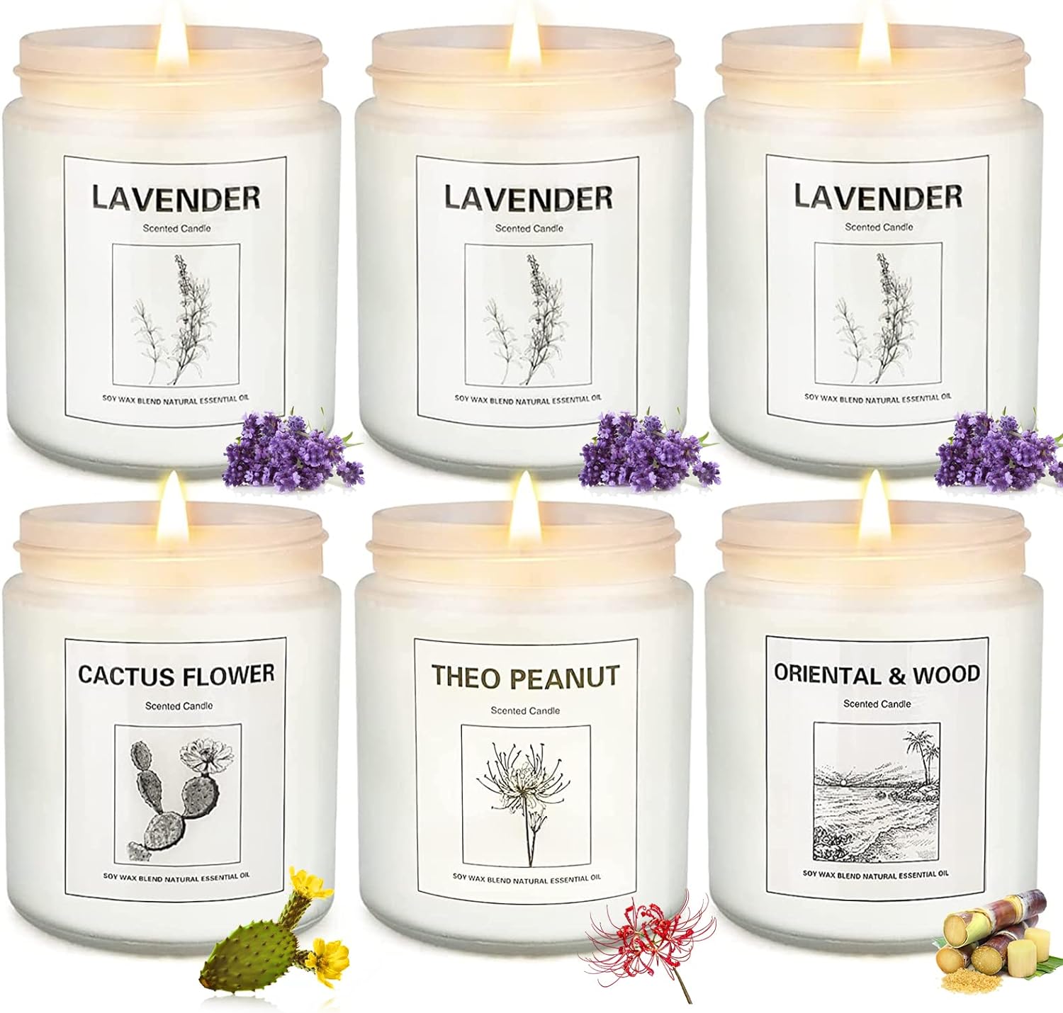 6 Pack Candles for Home Scented, Lavender Candle, Theo Peanut Candle, 42.6oz 300 Hour Long Lasting Soy Candles, Scented Candles Gift for Women