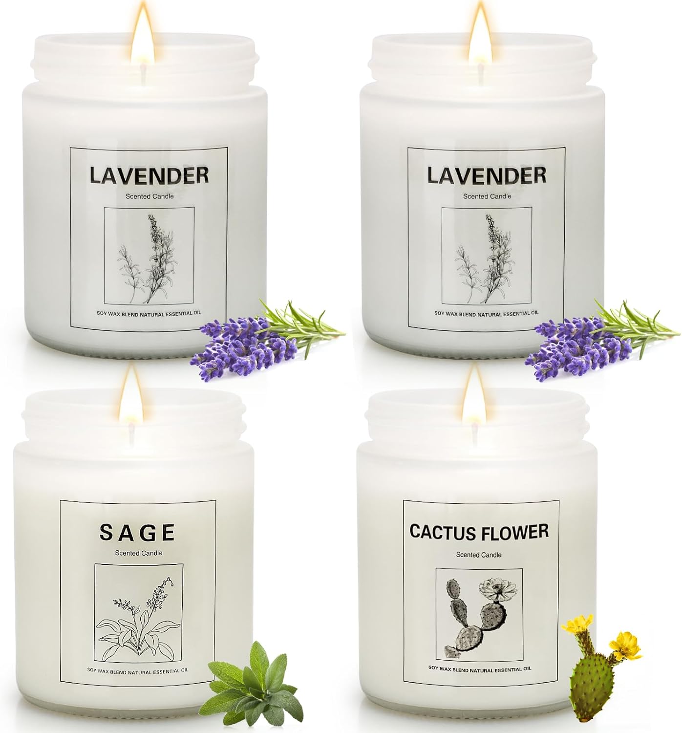 4 Pack Soy Aromatherapy Candles, Candles for Home Scented, 7.1 oz White Jar Candle Gifts Set, Over 50 Hours of Burn Time - Lavender/Lavender/Sage/Cactus Blossom - Holiday Gifts for All