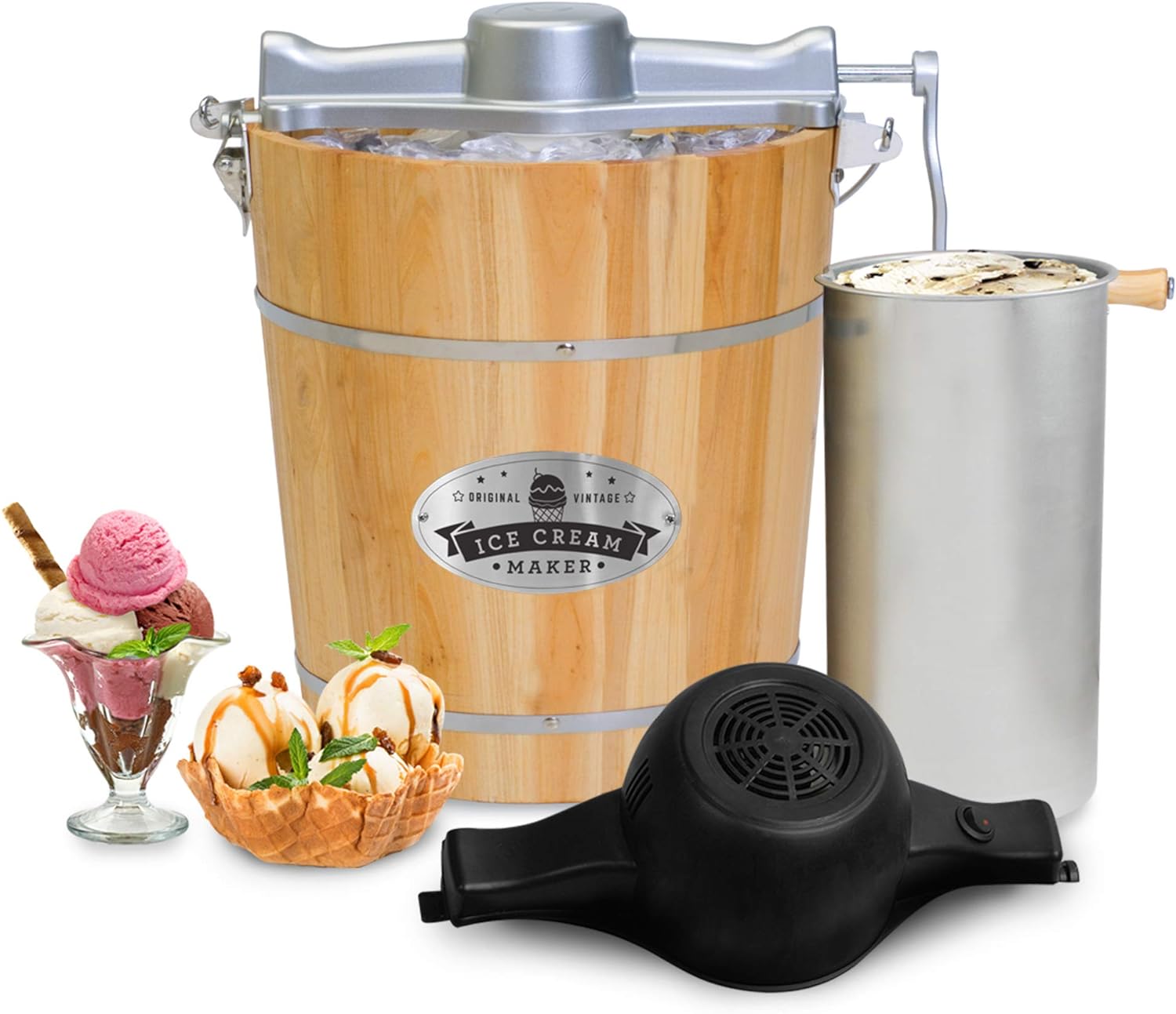 Elite Gourmet Old Fashioned 4 Quart Vintage Wood Bucket Electric Ice Cream Maker Machine Appalachian, Bonus Classic Die-Cast Hand Crank for Churning, Uses Ice and Rock Salt Churns Ice Cream in Minute