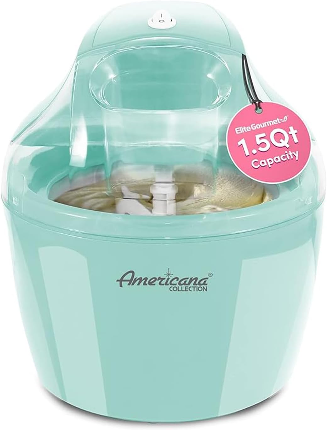 Americana EIM-1400M 1.5 Qt Freezer Bowl Automatic Easy Homemade Electric Ice Cream Maker, Ingredient Chute, On/Off Switch, No Salt Needed, Creamy Ice Cream, Gelato, Frozen Yogurt, Sorbet, Recipe Book