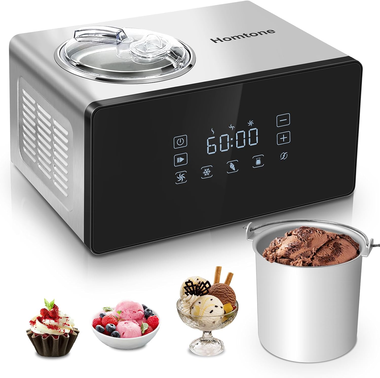 Homtone 1.6 Quart Ice Cream Maker Machine LCD Touch Screen with Compressor, No Pre-freezing, 4 Modes, 60 Min Adjusted Speed Frozen Ice Cream Yogurt Machine, Automatic Homemade Soft & Hard Sorbet Maker