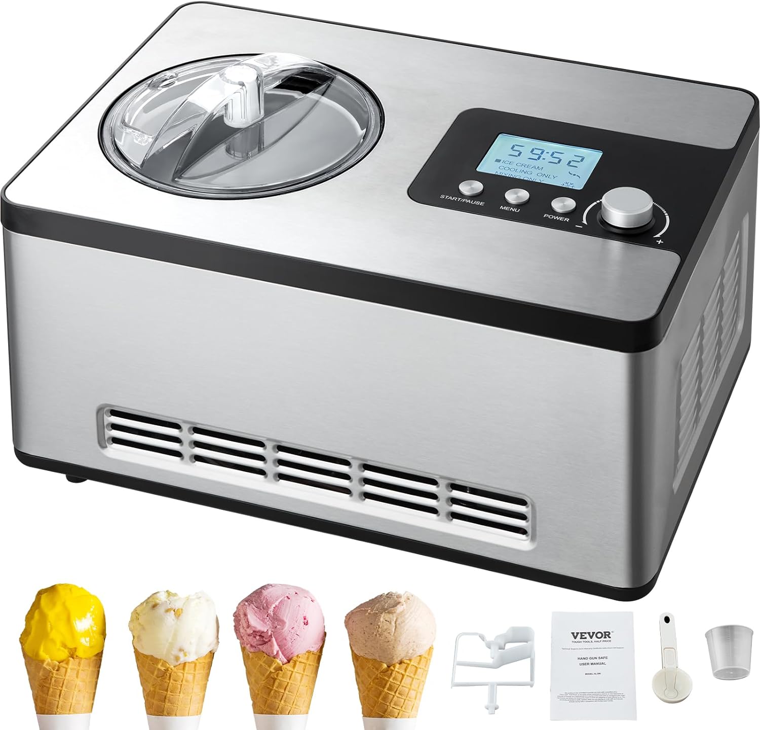 Automatic Ice Cream Maker with Built-in Compressor, 2 Quart No Pre-freezing Fruit Yogurt Machine, Stainless Steel Electric Sorbet Maker, 3 Modes Gelato Maker with LCD Display & Timer, Silver