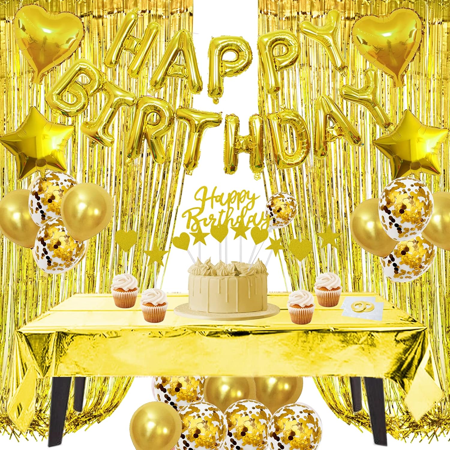 ZERODECO Birthday Decorations Gold, Foil Happy Birthday Balloon Banner Tablecloth Fringe Shiny Curtains Cake Flag Star and Heart Balloons Confetti Latex Balloons for Birthday Party