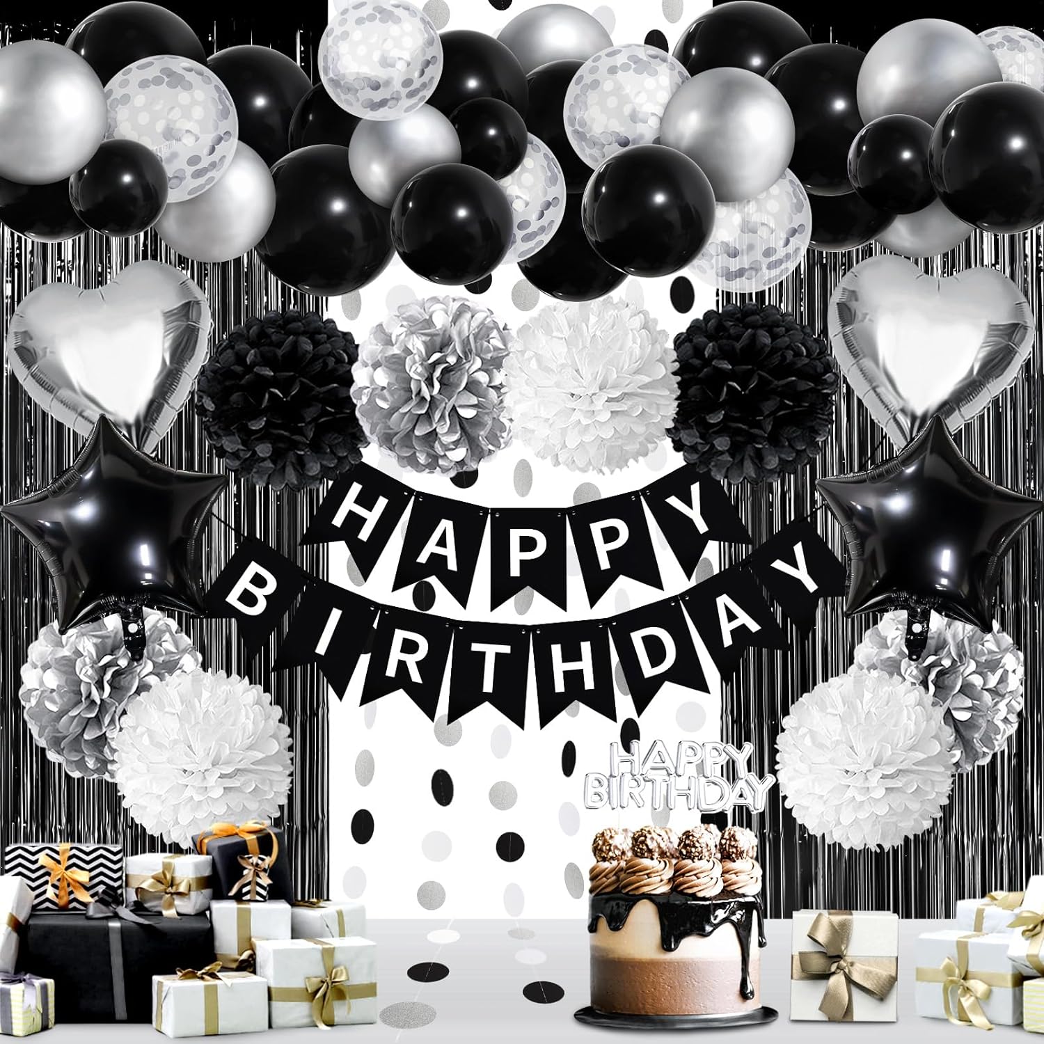 ZERODECO Black White Birthday Party Decorations, Happy Birthday Banner Pompoms White Black Balloon Arch Fringe Curtain Party Dcor for Men Women Black and White Birthday Party