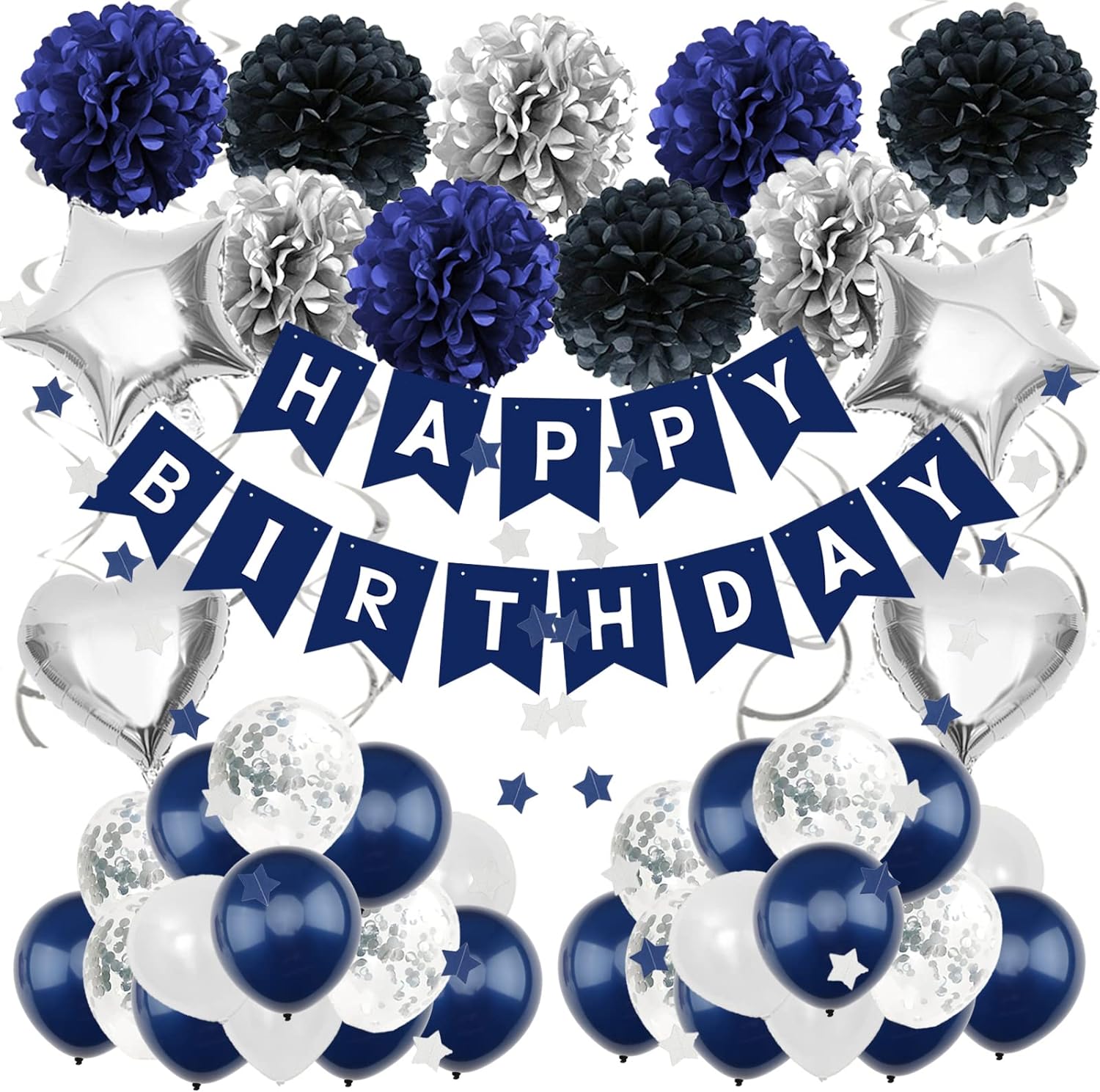 ZERODECO Birthday Decorations for Men, Navy Blue Birthday Party Decorations Happy Birthday Banner Pompoms Balloon for Boys Girls Men Women Birthday Party Decorations Supplies - Navy Blue Black Silver